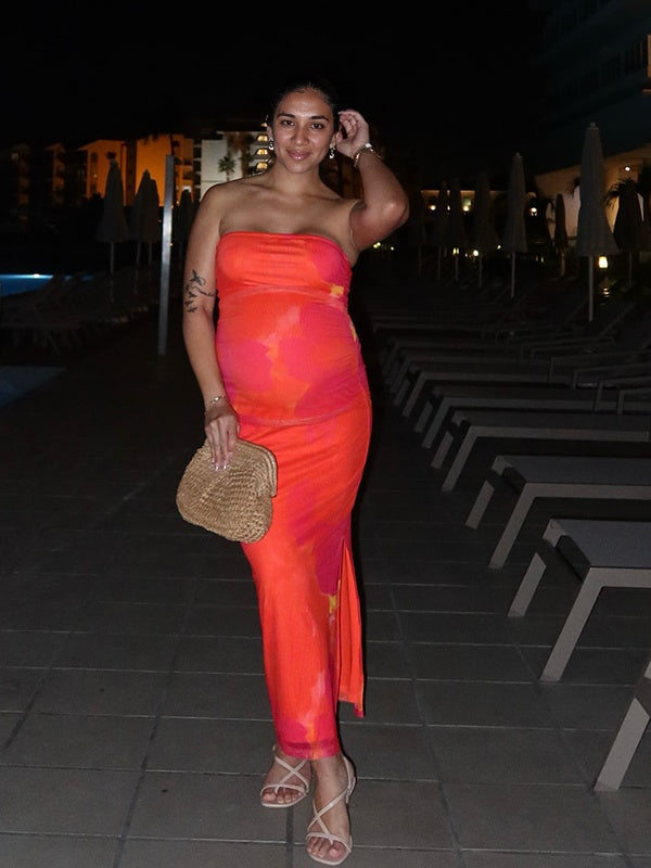 Momsmood  Red-Orange Color Stamp Duty Side Slit Vacation Beach Baby Shower Maternity Photoshoot Maxi Dress