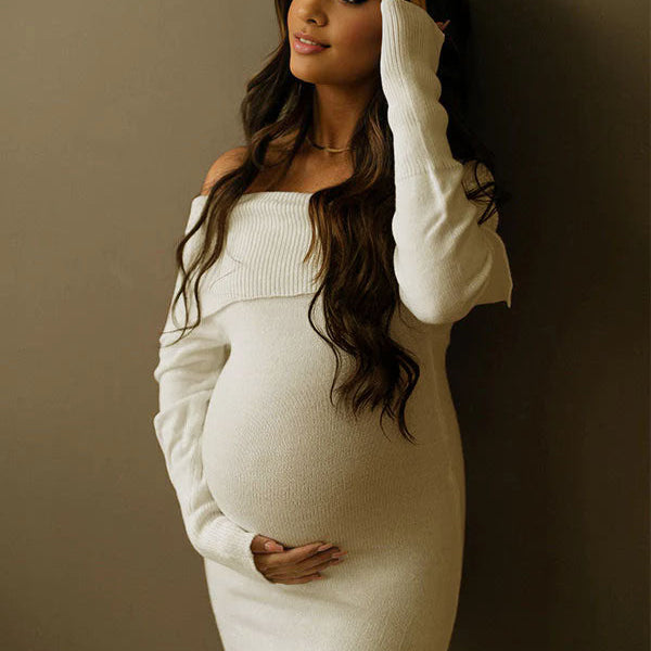 Momsmood Off Shoulder Knit Bodycon Mermaid Going Out Baby Shower Maternity Sweater Maxi Dress