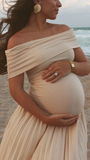 Apricot Off Shoulder Drop Waist Maternity Maxi Dress