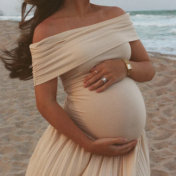 Apricot Off Shoulder Drop Waist Maternity Maxi Dress