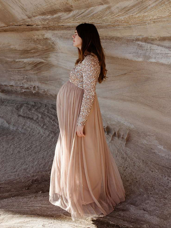 Momsmood Champion Sequin Tulle Splicing Long Sleeve Party Gown Photoshoot Maternity Baby Shower Maxi Dress