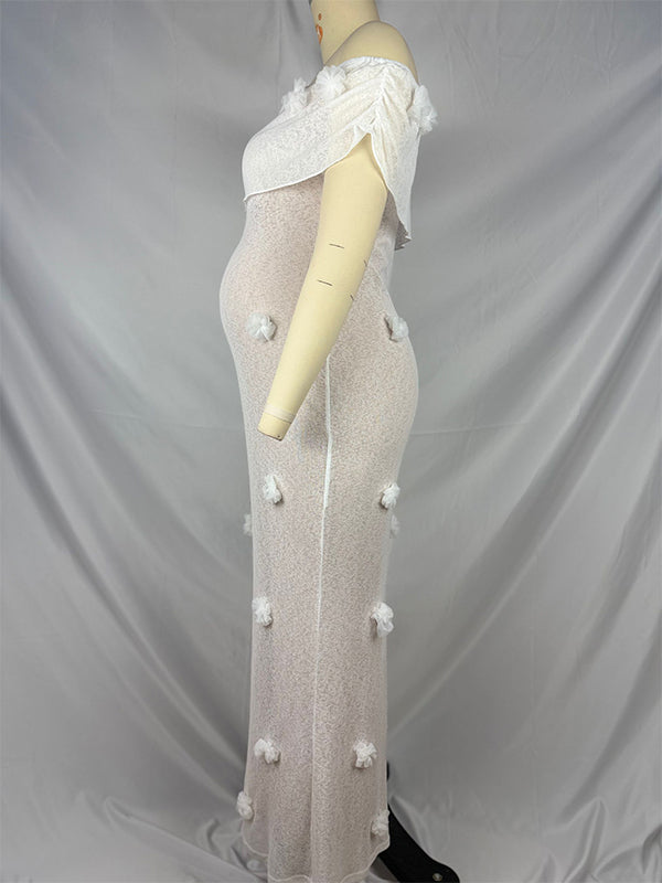 Momsmood White Off Shoulder 3D Flowers Grenadine Sheer Bodycon Elegant Beach Photoshoot Baby Shower Maternity Maxi Dress