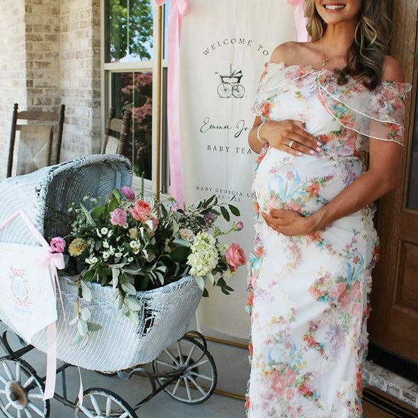 Ruffle Flouncy Tulle Off Shoulder Ruched Flower Maternity Maxi Dress