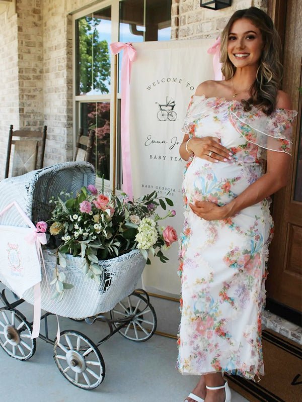 Ruffle Flouncy Tulle Off Shoulder Ruched Flower Maternity Maxi Dress