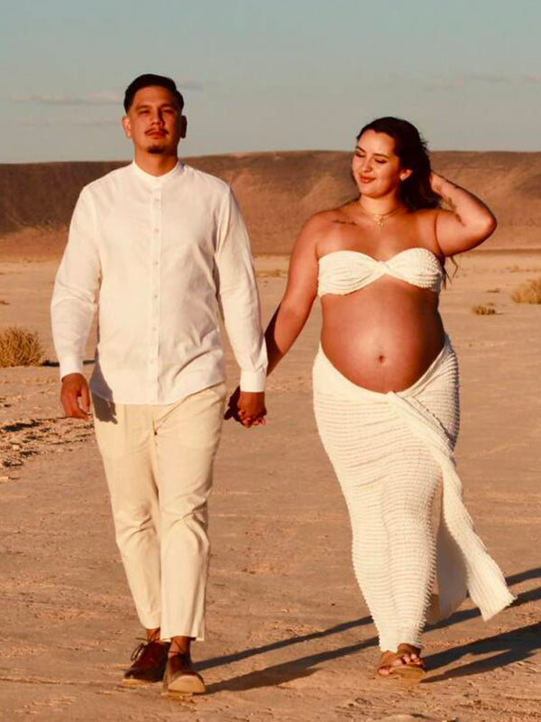 Momsmood White Cross Chest Bandeau Backless Lace Crop Front Draped 2-in-1 Lace-up Bodycon Baby Shower Maternity Maxi Dress