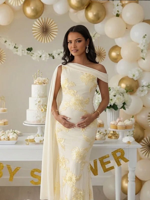 Embroidered One-shoulder Mesh Floral Shoulder Streamer Bodycon Maternity Maxi Dress