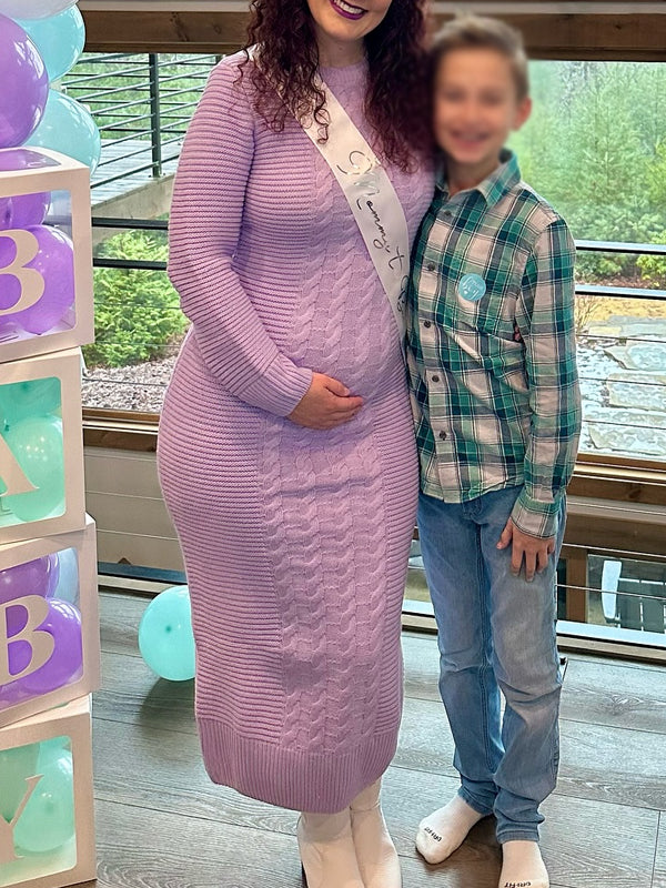 Momsmood Purple Round Neck Crochet Maternity Baby Shower Sweater Maxi Dress