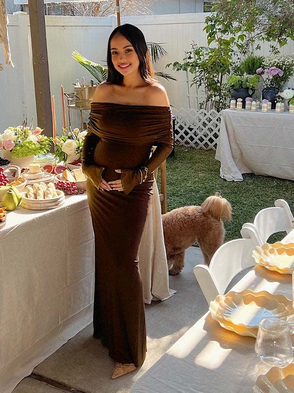 Momsmood Off Shoulder Ruched Sheer Mesh Bodycon Baby Shower Maternity Maxi Dress