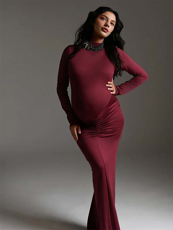 Momsmood Wine Red Ruched Photoshoot Maternity Maxi Dress