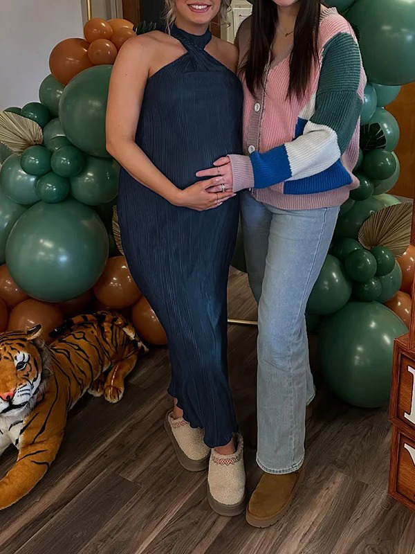 Momsmood Dark Blue Halter Neck Off Shoulder Kink Side Slit Baby Shower Maternity Photoshoot Maxi Dress