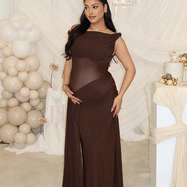 Momsmood Dark Brown Oblique Shoulder Sheer Draped Hem Ruched Maternity Baby Shower Maxi Dress