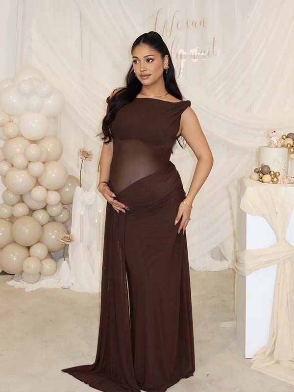 Momsmood Dark Brown Oblique Shoulder Sheer Draped Hem Ruched Maternity Baby Shower Maxi Dress