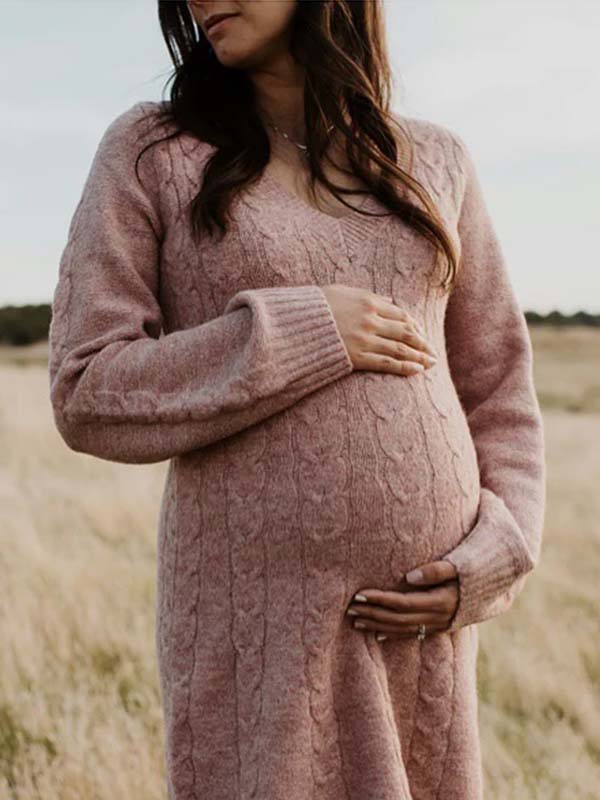 Momsmood Cable Knit A-line V-neck Lantern Sleeve Maternity Sweater Mini Dress