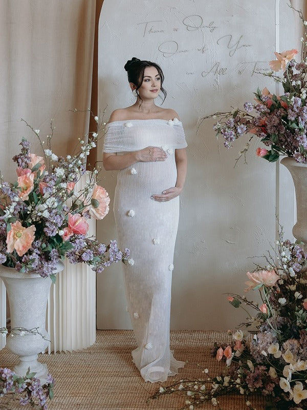 Momsmood White Off Shoulder 3D Flowers Grenadine Sheer Bodycon Elegant Beach Photoshoot Baby Shower Maternity Maxi Dress