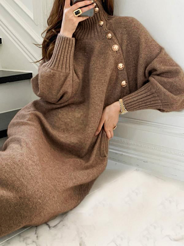 Momsmood Knitted Buttons High Neck Long Sleeve Sweater Maternity Midi Dress
