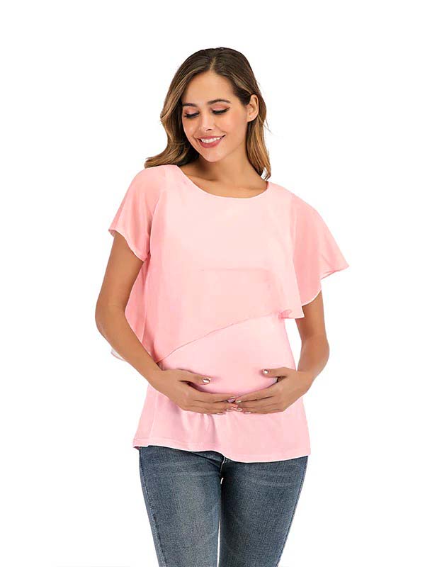 Momsmood Solid Color Chiffon Ruffle Falbala Round Neck Short Sleeve Breastfeeding T-shirt Basic Going Out Daily Maternity Nursing Top