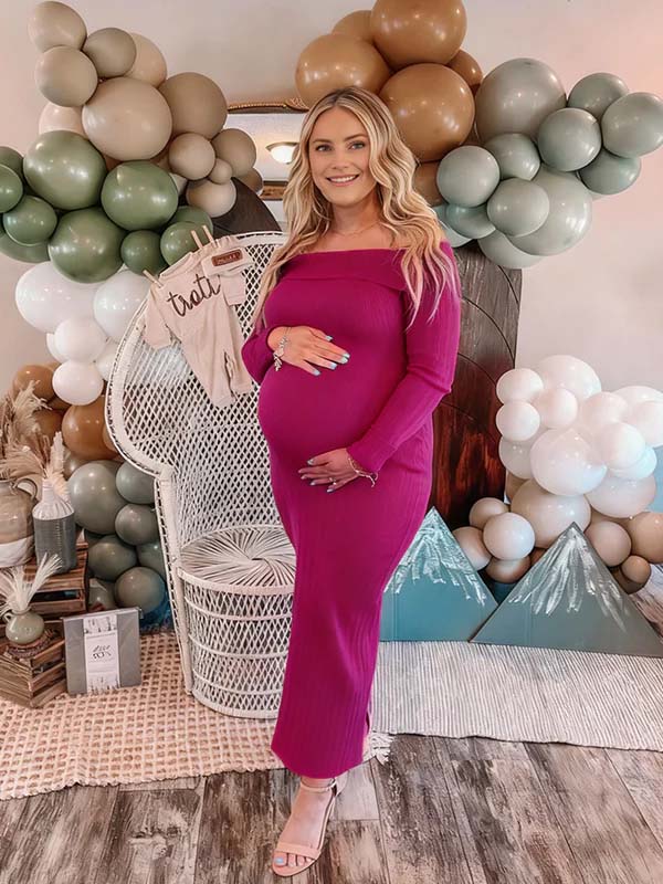 Momsmood Christmas Off Shoulder Backless Crochet Maternity Sweater Baby Shower Maxi Dress