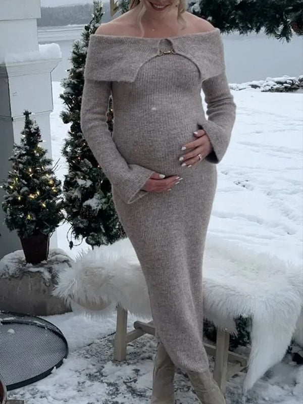 Momsmood Off Shoulder Fluffy Knit Bardot Neckline Flare Sleeve Bodycon Elegant Going Out Party Maternity Photoshoot Baby Shower Maxi Sweater Dress