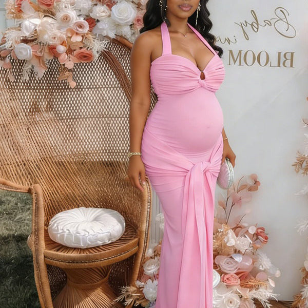 Momsmood Halter Neck Backless Ruched Lace Up Maternity Baby Shower Maxi Dress