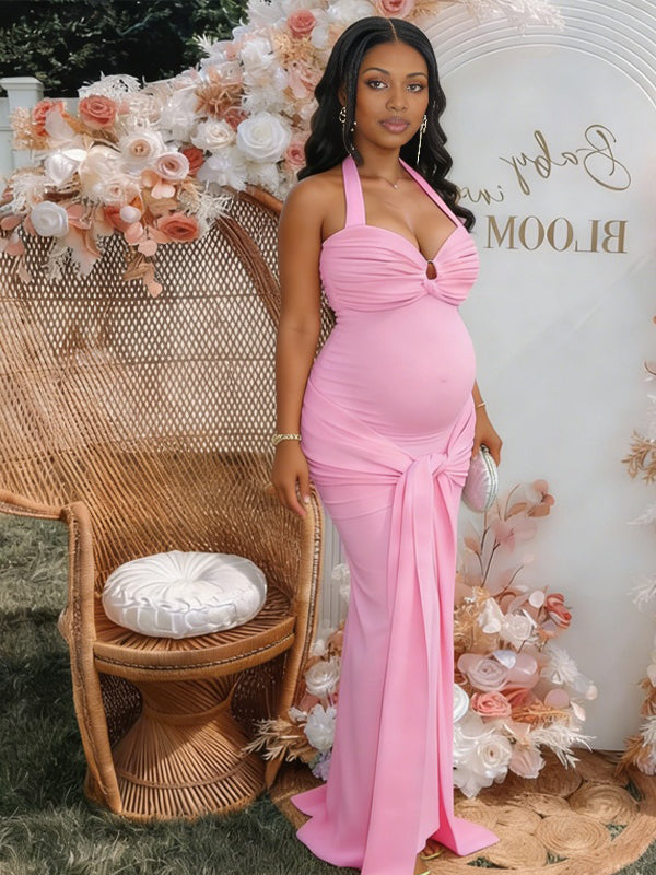 Momsmood Halter Neck Backless Ruched Lace Up Maternity Baby Shower Maxi Dress