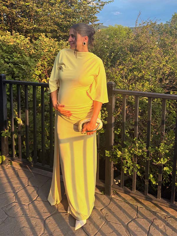 Momsmood Yellow Ruched Draped Backless Baby Shower Maternity Maxi Dress