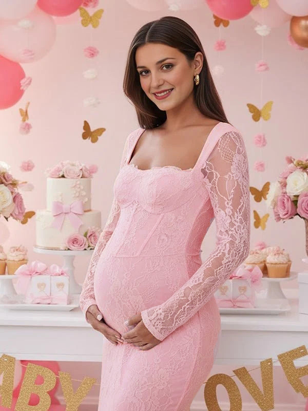 Momsmood Lace Ruffle Back Slit Square Neck Bodycon Maternity Maxi Dress
