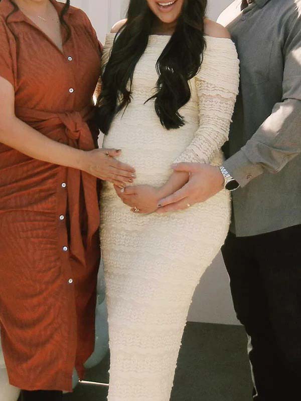 Momsmood Beige Lace Off Shoulder Ruffle Falbala Bodycon Elegant Maternity Baby Shower Maxi Dress