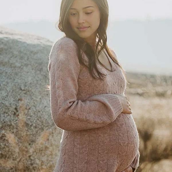 Momsmood Cable Knit A-line V-neck Lantern Sleeve Maternity Sweater Mini Dress