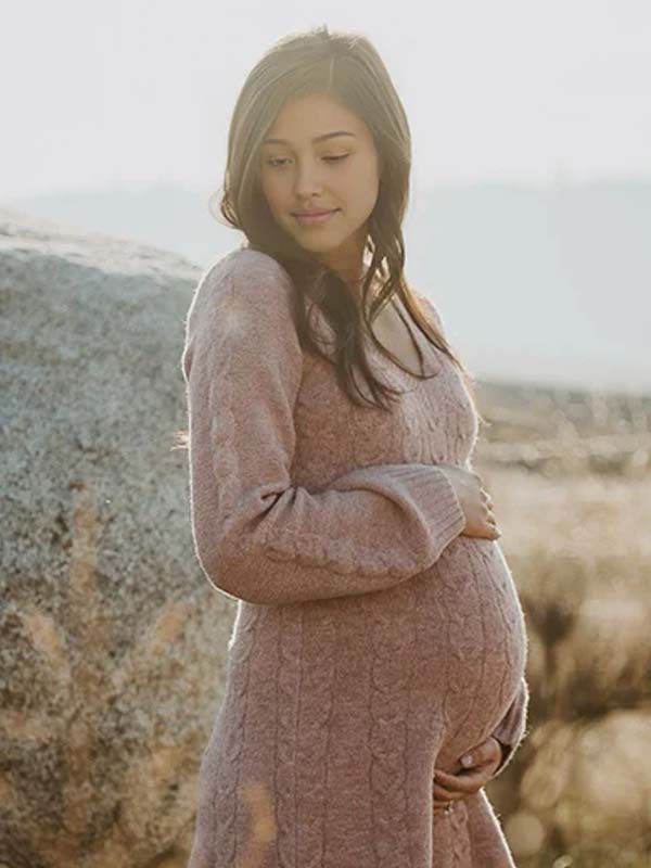 Momsmood Cable Knit A-line V-neck Lantern Sleeve Maternity Sweater Mini Dress