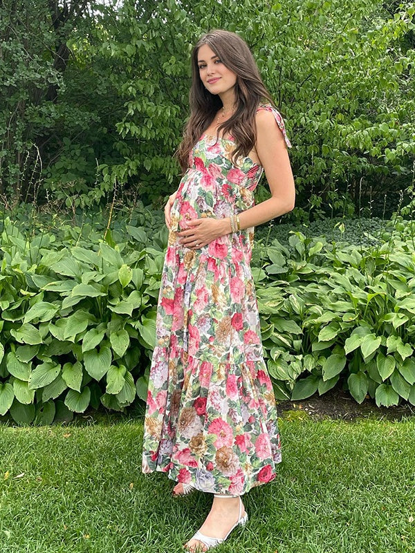 Momsmood  Lace-up Spaghetti Strap Stamp Duty Vacation Beach Baby Shower Maternity Photoshoot Maxi Dress