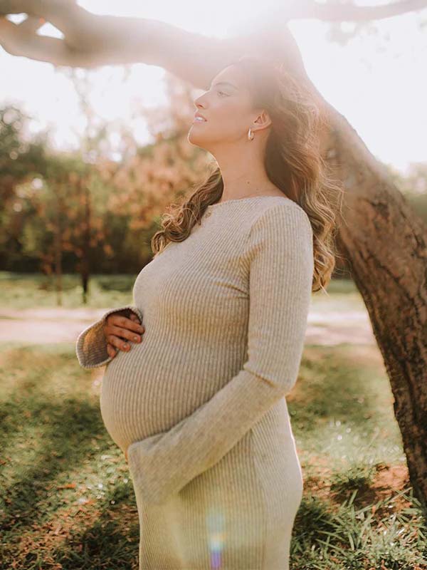 Momsmood Camel Knit Flare Sleeve Photoshoot Maternity Maxi Sweater Dress