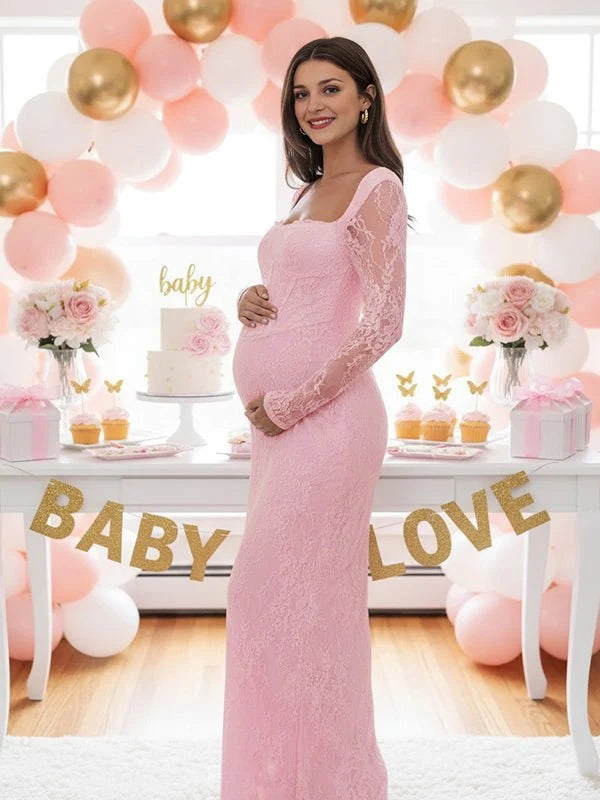 Momsmood Lace Ruffle Back Slit Square Neck Bodycon Maternity Maxi Dress