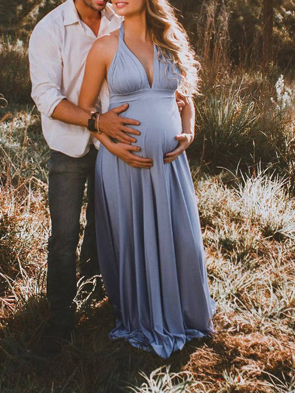 Momsmood Spaghetti Strap Backless Tie Back High Waist Boho Photoshoot Maternity Maxi Dress
