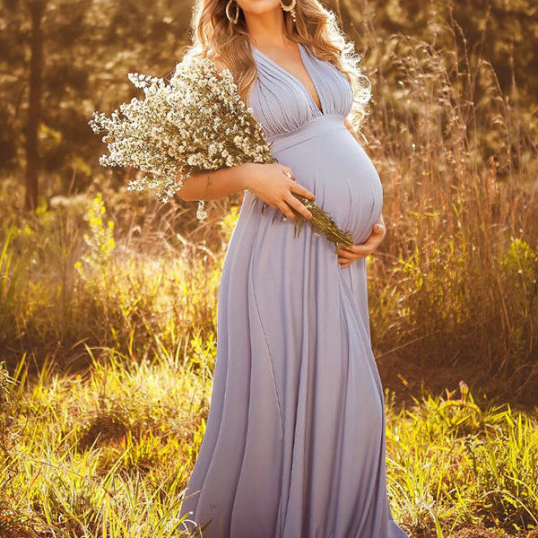Momsmood Spaghetti Strap Backless Tie Back High Waist Boho Photoshoot Maternity Maxi Dress