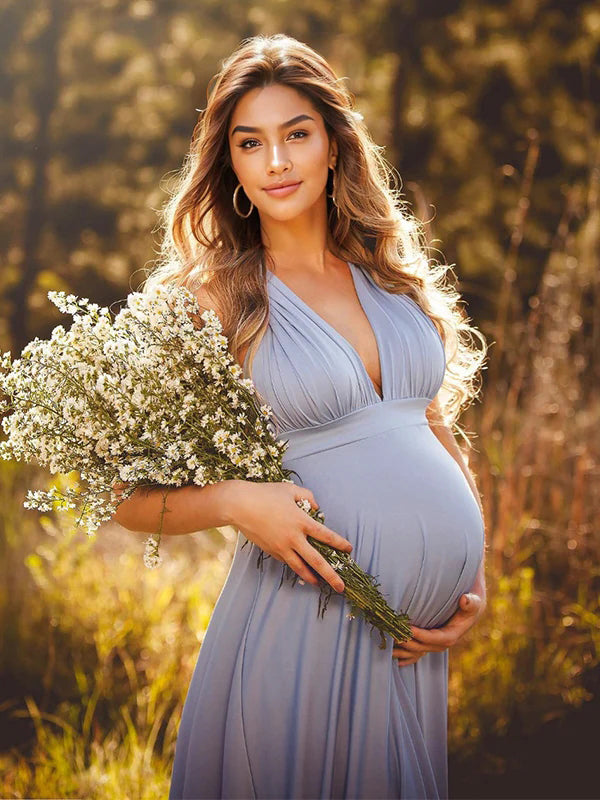 Momsmood Spaghetti Strap Backless Tie Back High Waist Boho Photoshoot Maternity Maxi Dress