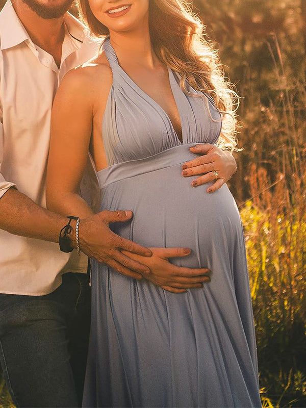 Momsmood Spaghetti Strap Backless Tie Back High Waist Boho Photoshoot Maternity Maxi Dress