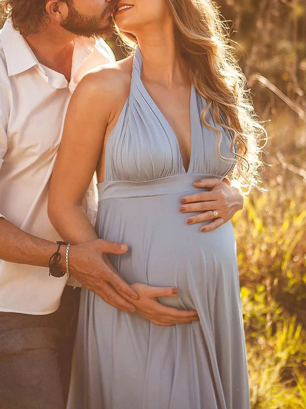 Momsmood Spaghetti Strap Backless Tie Back High Waist Boho Photoshoot Maternity Maxi Dress