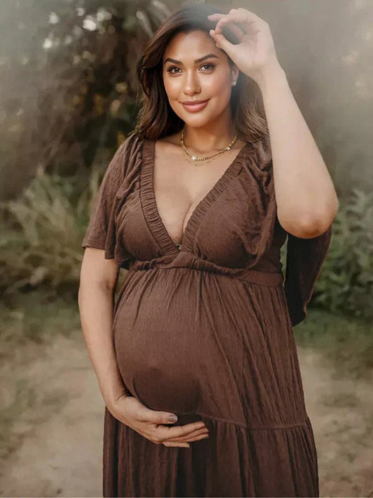 Momsmood Boho Solid Color V-Neck Backless Flare Sleeve High Waist Photoshoot Maternity Maxi Dress