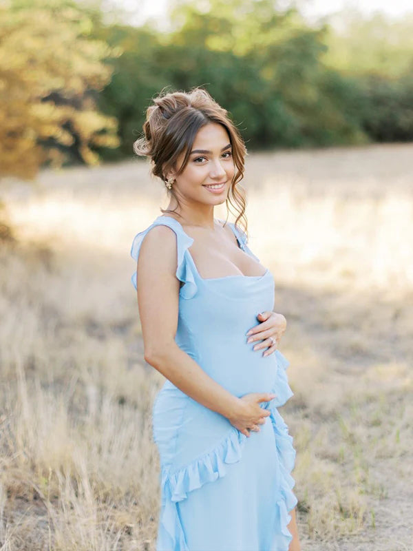 Momsmood Solid Color Ruffle Tulle Falbala Side Slit Tank U-neck Elegant Cocktail Party Maternity Photoshoot Baby Shower Maxi Dress