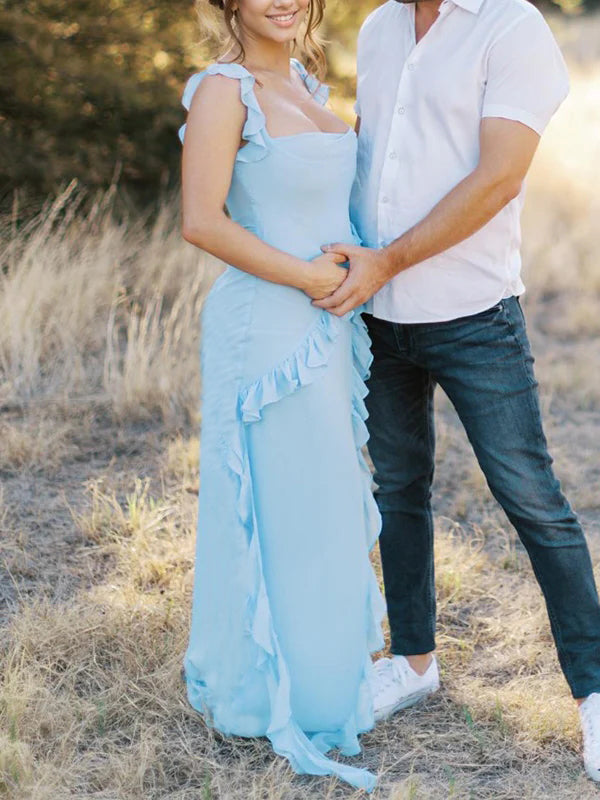 Momsmood Solid Color Ruffle Tulle Falbala Side Slit Tank U-neck Elegant Cocktail Party Maternity Photoshoot Baby Shower Maxi Dress
