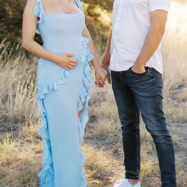 Ruffle Tulle Falbala Side Slit Tank U-neck Elegant Maternity Maxi Dress