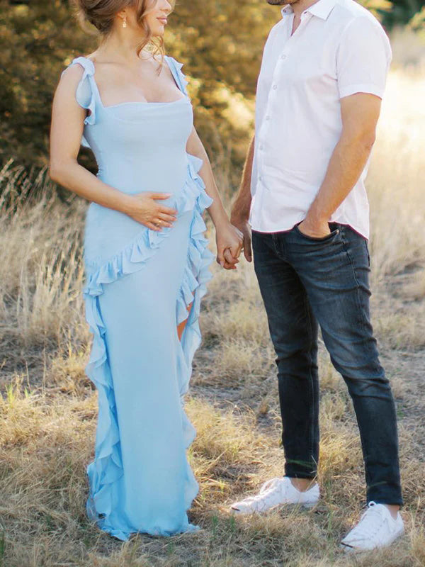 Momsmood Solid Color Ruffle Tulle Falbala Side Slit Tank U-neck Elegant Cocktail Party Maternity Photoshoot Baby Shower Maxi Dress