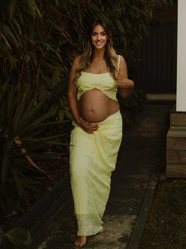 Momsmood Yellow Chiffon Ruched Two Piece Set Cami Crop Top And Bodycon Maxi Skirt Elegant Baby Moon Maternity Photoshoot Baby Shower Maxi Dress