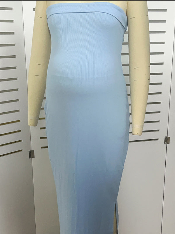 Momsmood Blue Knit Bandeau Side Slit Strapless Bodycon Eleagnt Going Out Maternity Photoshoot Baby Shower Maxi Dress