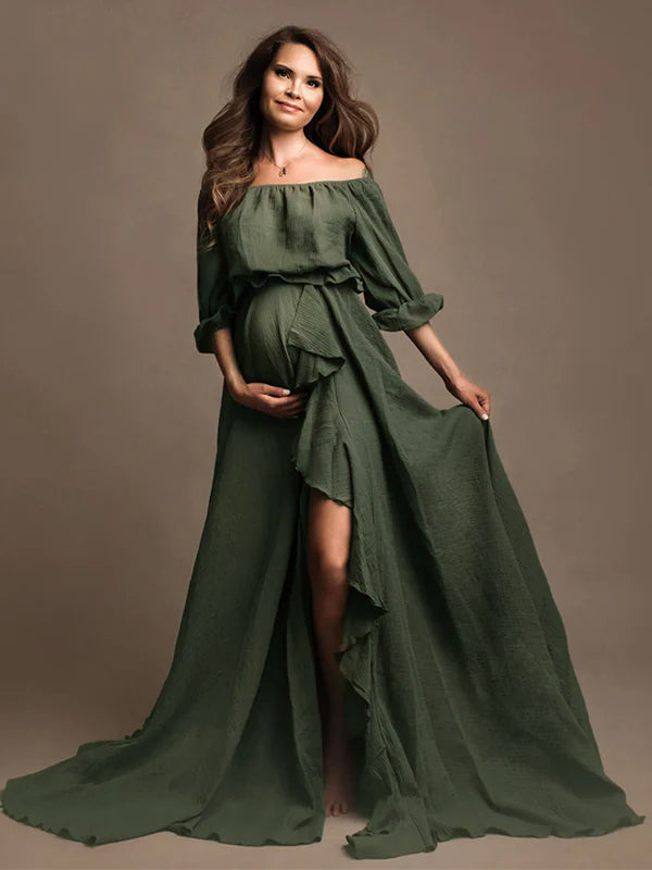 Momsmood Solid Color Off Shoulder Backless Ruffle Crop Side Slit 2-in-1 Photoshoot Maternity Maxi Dress
