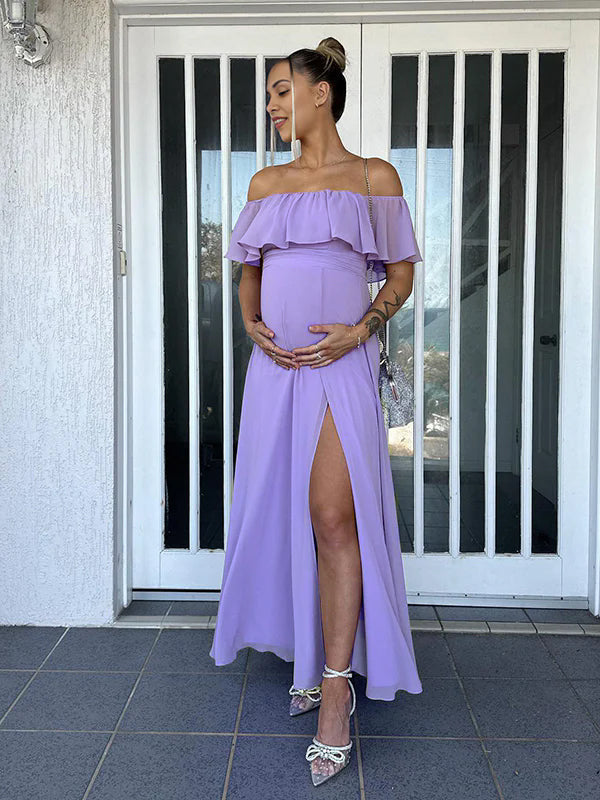 Momsmood Flowy Chiffon Off Shoulder Ruffle Falbala Side Slit Big Swing Elegant Evening Gown Maternity Photoshoot Baby Shower Maxi Dress