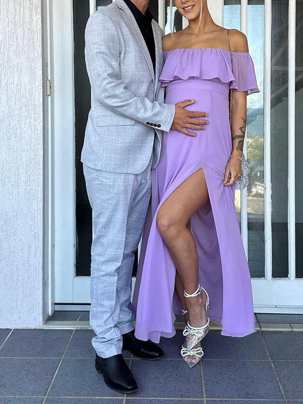 Momsmood Flowy Chiffon Off Shoulder Ruffle Falbala Side Slit Big Swing Elegant Evening Gown Maternity Photoshoot Baby Shower Maxi Dress