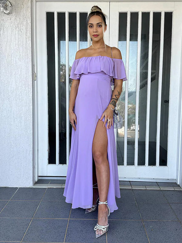 Momsmood Flowy Chiffon Off Shoulder Ruffle Falbala Side Slit Big Swing Elegant Evening Gown Maternity Photoshoot Baby Shower Maxi Dress