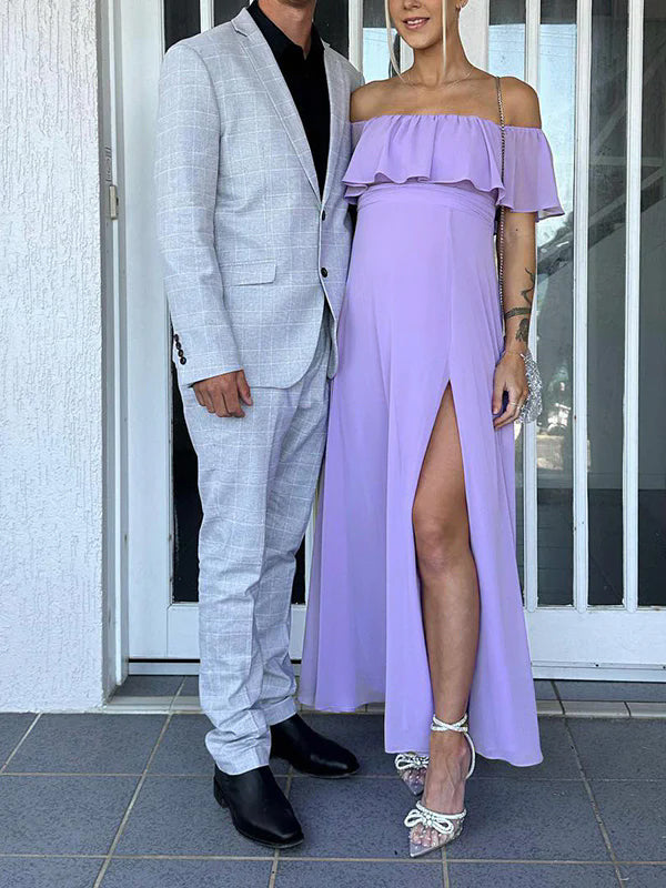 Momsmood Flowy Chiffon Off Shoulder Ruffle Falbala Side Slit Big Swing Elegant Evening Gown Maternity Photoshoot Baby Shower Maxi Dress