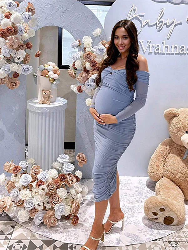 Momsmood Blue Ruched Off Shoulder Cross Chest Bodycon Elegant Wedding Guest Maternity Photoshoot Midi Dress